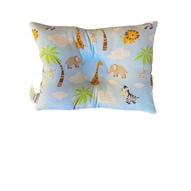 Imagem de Travesseiro Anatômico para Bebê Safari, Fibra Siliconada Hipoalergênica, 27x37cm, Estampa de Animais, para Berço e Carrinho (Azul Bebê)