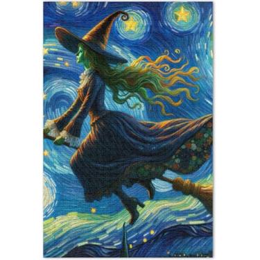 Imagem de Vassoura de bruxa de Halloween para adultos estrelado quebra-cabeça 1000 peças presentes de elefante branco presente engraçado mordaça quebra-cabeça arte decoração pintura