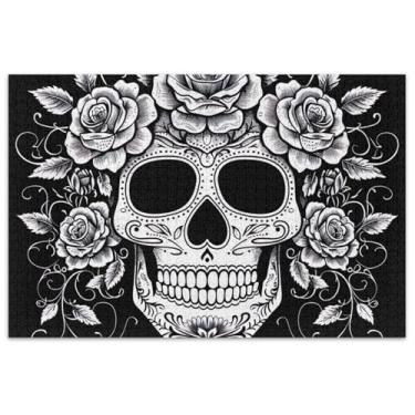 Imagem de Quebra-cabeça rosa crânio açúcar preto branco para adultos 1000 peças decoração de arte grande quebra-cabeça família amantes presentes