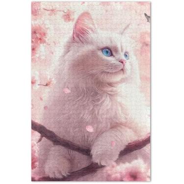 Imagem de Quebra-cabeça de flor de cerejeira rosa gato para adultos 500 peças presentes de elefante branco quebra-cabeças engraçados paisagem animal flor arte, 20,5 x 14,9 polegadas