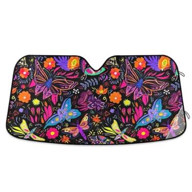 Imagem de Guarda-sol personalizado colorido mariposas flores preto carro pára-brisa bonito universal dobrável caminhão automotivo pára-brisa proteção de para-sol M, 139.7 cm x 70.1 cm