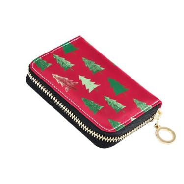 Imagem de Carteira feminina vermelha de árvore de Natal de inverno com zíper em torno de porta-cartões, carteira de couro com bloqueio de RFID e porta-cartões e dinheiro