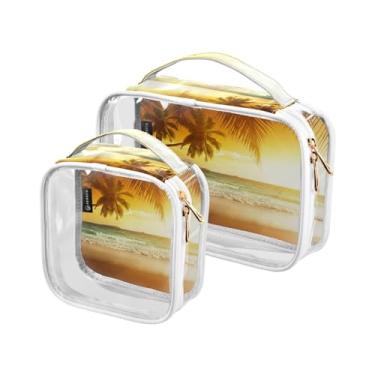 Imagem de GAIGEO Bolsa cosmética de PVC Dragonfly in Turquoise Guirlanda, bolsa de higiene para carro, bolsas de beleza para viagens femininas, pacote com 2, Palmeira e fantástico pôr do sol do mar, one size