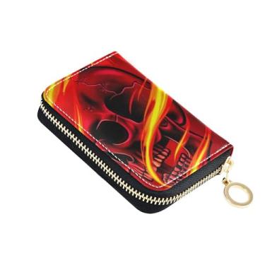 Imagem de Carteira feminina de couro com caveira vermelha com bloqueio de RFID, porta-moedas com zíper e zíper
