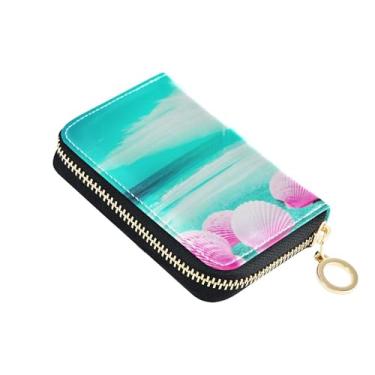 Imagem de Carteiras femininas Pink Seashells Sandy Beach Sun Carteiras de couro com porta-cartões com bloqueio de RFID à prova d'água com bolso para moedas