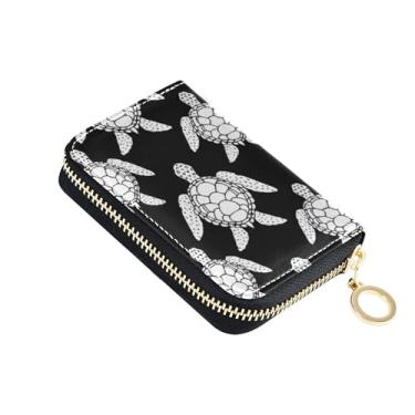 Imagem de Carteira feminina pequena, porta-cartão de crédito, bloqueio de RFID, carteira de couro com zíper e bolsa para moedas, estampa de tartarugas marinhas brancas, preta
