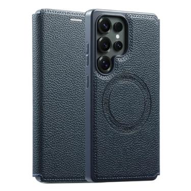 Imagem de HAOMRIYL Capa flip para Samsung Galaxy S25 Ultra/S25 Plus/S25, capa magnética de couro carteira proteção completa à prova de choque, azul, S25plus