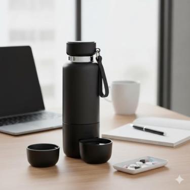 Imagem de Garrafa Térmica 3 em 1 em Inox Preta 500ml - Porta Comprimidos, Parede Dupla (Água Quente/Fria) e Copo Integrado - Ideal para Medicamentos
