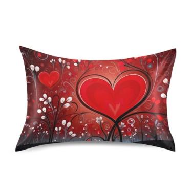 Imagem de Blueangle Fronha de cetim refrescante para cabelo e pele, capa de travesseiro de coração vermelho dos namorados, tamanho Queen 51 x 76 cm com fecho de envelope (487)