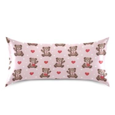Imagem de Wassud Fronhas de cetim para cabelo e pele com corações de ursos marrons corações dia dos namorados fronhas de almofada de seda lisa king size respiráveis com fecho de envelope