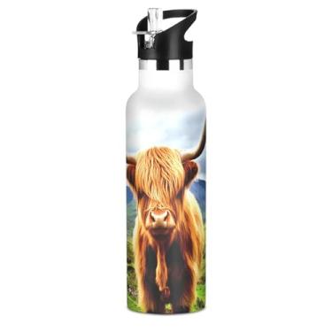 Imagem de Garrafas de água isoladas para meninas de 590 ml com tampa de palha, garrafa de água esportiva de aço inoxidável de vaca engraçada marrom com alça, copos infantis sem BPA