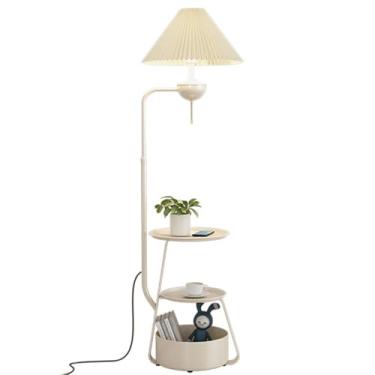 Imagem de mesas redondas e 1 luminária de chão multifuncional com cúpula plissada. Luminária vertical decorativa e moderna para sala de estar, canto do sofá, ideal para leitura. Interruptor de pé.