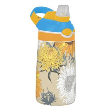 Imagem de Garrafa de água infantil de 473 ml com tampa de palha, garrafa de água esportiva Tritan reutilizável de 473 ml, copo infantil portátil à prova de vazamento, alça de transporte, girassol floral amarelo
