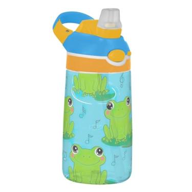 Imagem de Garrafa de água esportiva infantil Tritan de 473 ml com tampa de palha, garrafa de água reutilizável para escola, copo infantil portátil de 473 ml, alça de transporte, notas musicais fofas de sapos
