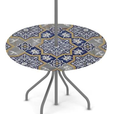Imagem de Ackutea Toalha de mesa redonda para uso ao ar livre – Toalha de mesa circular com borda elástica floral mandala com orifício para guarda-chuva e zíper – capa de mesa impermeável para mesas de 114 a