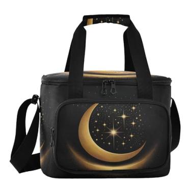Imagem de Lancheira térmica preta com estrelas crescentes cintilantes, refrigerador isolado, lancheira masculina para trabalho