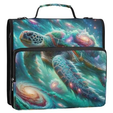 Imagem de Tartaruga marinha, galáxia, 3 argolas, fichários resistentes com zíper, bolsa organizadora de fichários escolares com alça de ombro, estojo básico de armazenamento com alça