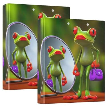 Imagem de Fichários personalizados com 3 anéis verdes de sapos engraçados 3 cm comporta 200 folhas, 3 pastas de anéis, fichário de escritório de anel redondo, 31,5 x 27 x 6 cm, pacote com 2