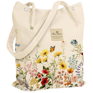 Imagem de Miss Adola Bolsa feminina de veludo cotelê - Sacolas reutilizáveis com fivela magnética e bolso design estético bolsas de supermercado, Nova flor vintage, One Size