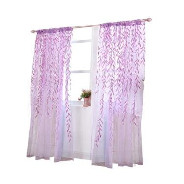 Imagem de TEHAUX Cortinas transparentes de voile roxo transparente com padrão de vime bolso para varão painéis de tela de tule para sala de estar no quarto, cortinas leves de privacidade que permitem luz