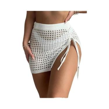 Imagem de Moda praia saia elegante biquíni oco bloqueado saia curta de malha - N