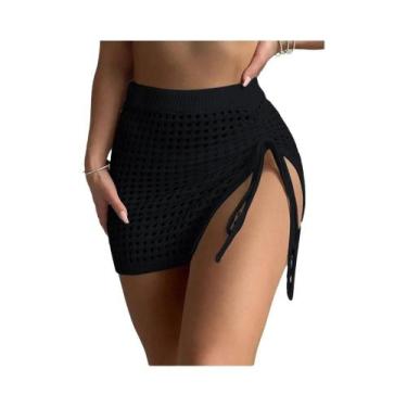 Imagem de Moda praia saia elegante biquíni oco bloqueado saia curta de malha - N