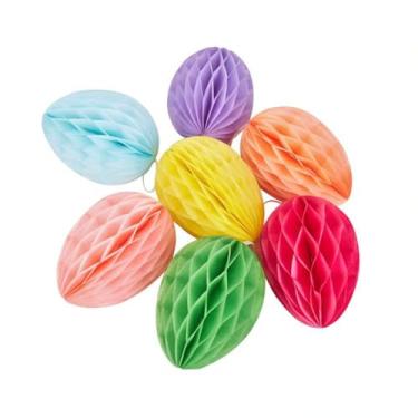 Imagem de Pacote com 7 enfeites coloridos 3D de papel colmeia de 10 cm para pendurar ovos de páscoa para festa de Páscoa, caça aos ovos, sala de aula, casa, shopping, decoração infantil, família, professores