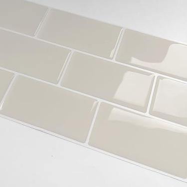 Imagem de Alwayspon 10 folhas 3D espessadas de vinil Backsplash Tiles, adesivos autoadesivos de azulejo de parede de 30,5 x 15,2 cm, adesivos adesivos em azulejos de metrô para cozinha, banheiro, bege