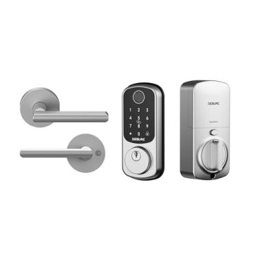 Imagem de DESLOC Trava inteligente de impressão digital B200 com 2 maçanetas, conjunto de fechadura de porta frontal sem chave, fechadura de teclado eletrônico, controle de aplicativo, trava automática, bateria