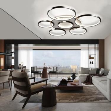 Imagem de Luminária de teto LED, moderna e criativa, com controle remoto e intensidade de luz ajustável, formato circular, para sala de estar, temperatura de cor de 3200-6500K, preta, ideal para quart