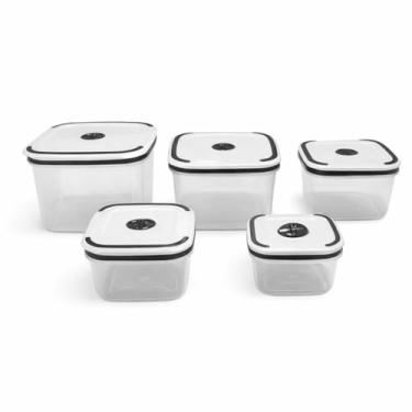 Imagem de Conjunto de Potes Herméticos Quadrados, 5 Peças, Plástico Transparente com Tampa Branca, 320ml a 2300ml, Sistema de Vedação a Vácuo, Empilháveis, Livre de BPA