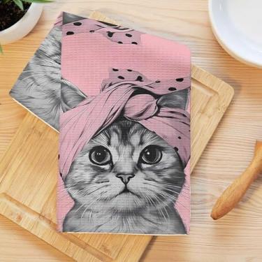 Imagem de Toalhas de cozinha de gato fofo, pano de prato de microfibra absorvente decorativo de gatinho caprichoso, toalhas de mão macias de waffle para decoração de casa de banho, presentes para amantes de