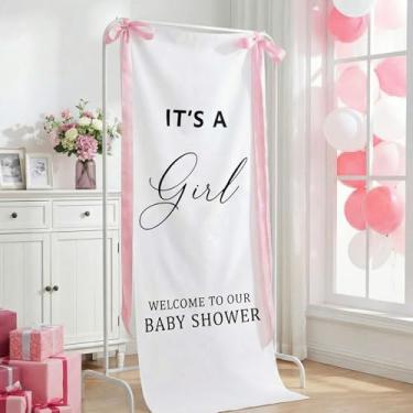 Imagem de Oudain Faixa de serapilheira It's a Girl de 60 x 152 cm, pano de fundo de tecido de chá de bebê com fitas e ganchos rosa, adereços de foto boho rústica para decoração de festa de revelação de gênero