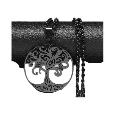 Imagem de Colar Longo Masculino Em Aço Inoxidável Preto 2023 Com Pingente Árvore