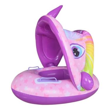 Imagem de Boia Inflável Infantil com Tenda UV e Assento Seguro Proteção Solar para Bebês 1–3 Anos Unicórnio Rosa Dinossauro Verde e Capivara Piscina e Praia (Rosa)