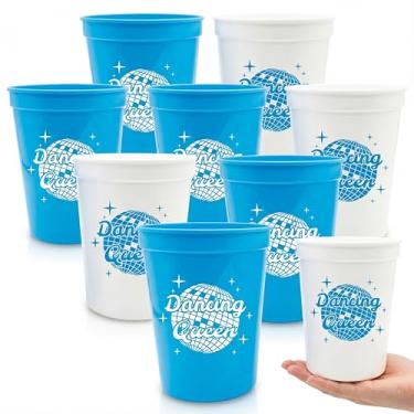 Imagem de Yungyan 24 peças de copos de plástico Dancing Queen de 473 ml reutilizáveis copos de plástico dançante queen suprimentos de bola de discoteca azul branco aniversário despedida de solteira casamento