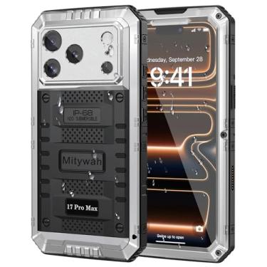 Imagem de Mitywah Capa à prova d'água para iPhone 17 Pro Max, capa de metal resistente com protetor de tela integrado, capa protetora resistente à prova de choque de 6,9 polegadas, prata