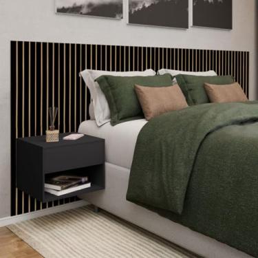 Imagem de Cabeçeira Ripada Painel e 2 Mesas de Cabeçeira com Gavetas MDF Madeirado Elegancia no Dormitório Kit Completo Casal, Queem e King Size (Preto/Preto)