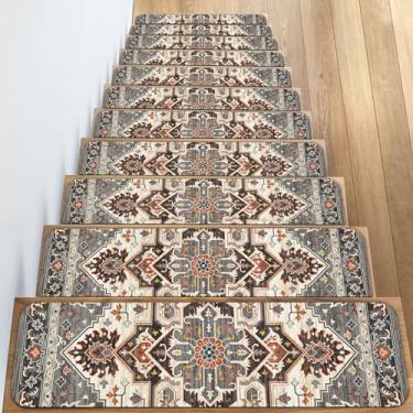 Imagem de Tapetes de escada para degraus de madeira, para ambientes internos, 76 x 20 cm, extra antiderrapante, reutilizável, tapetes de escada de borracha macia para animais de estimação e idosos, tapetes de