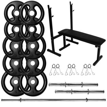 Imagem de Kit Musculação 30Kg Anilhas com Barras de 40cm e 1,50m + Banco para Supino-Unissex