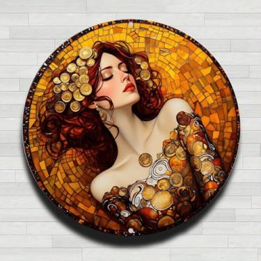 Imagem de Elegante Red Hair Lady Vintage Placa de parede redonda de alumínio rústico, 20 cm, presentes e decoração para casa, escritório, café e quintal