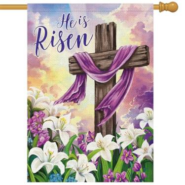 Imagem de Heyfibro Bandeira de jardim com cruz de Páscoa He is Risen, 71 x 101 cm, serapilheira dupla face, flor de lírio, faixa de jardim para decoração de jardim religiosa de Jesus para decoração ao ar livre