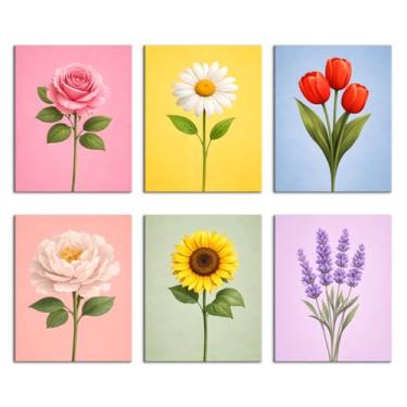Imagem de Cawpom 6 peças de arte de parede de flores rosas margaridas tulipas peônias girassóis lavanda impressão em tela arte colorida imagens flores pôster pintura floral para decoração de casa sala de estar