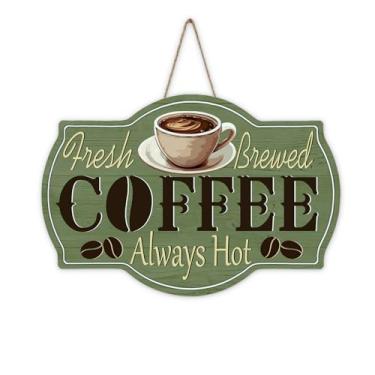 Imagem de Bolisom Placa de porta da frente de café fresco, sempre quente, vintage, verde, café, bar, placa de madeira, escritório, café, loja, estação, decoração de casa, decoração de casa, grinalda de madeira