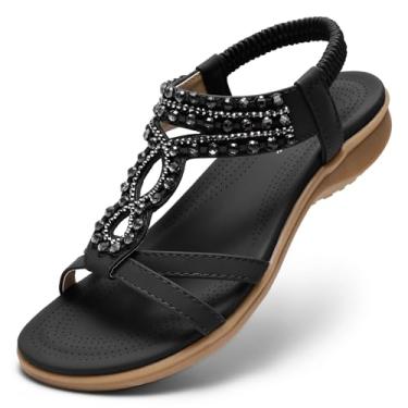 Imagem de Littleplum Sandálias femininas confortáveis com suporte de arco, sapatos de caminhada de verão, casuais, elásticos, chinelos de dedo, Retrô preto, 35