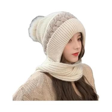 Imagem de Gorro E Cachecol Feminino De Inverno Quente Em Tricô, Corta-Vento, Elá