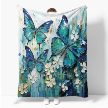 Imagem de Cobertor de borboleta 3D para sofá boho floral cobertor de lã vintage cottagecore cobertores de cama macios para quarto fantasia flores cobertores de viagem decoração de cama Grenn 127 x 101 cm