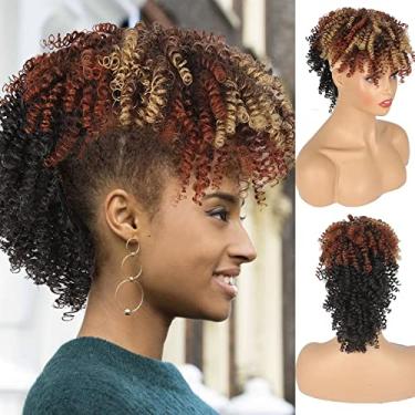 Imagem de Aisaide Peruca marrom ombré moicano afro cacheado rabo-de-cavalo para mulheres negras, marrom curto loiro misturado ombré moicano peça de rabo de cavalo preto sintético com franja clipe em rabo de