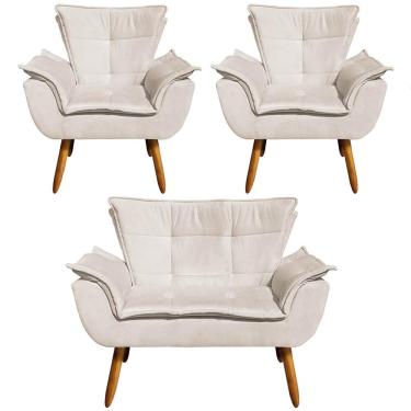 Imagem de Conjunto 2 Poltronas e 1 Namoradeira Pés Palito Charger Suede Bege - Gran Belo