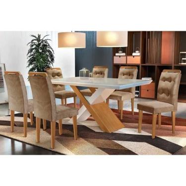 Imagem de Sala De Jantar Completa Imperatriz Tampo Madeirado C- Vidro Reto 180x90 E 6 Cadeiras Imperatriz Imbuia - Veludo Capuccino - Rufato